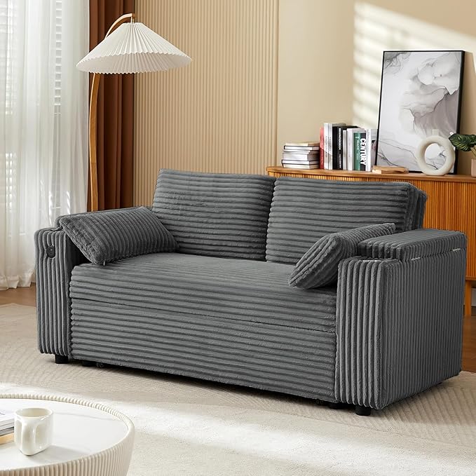 Convertible Corduroy Sofa Bed with USB Charging Port & Cup Holders, 68.11" Foldable Sleeper Chair with Armrests & Pillows, 3-in-1 Floor Futon for Living Room, Bedroom, Guest Room