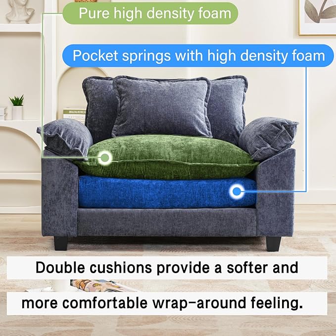 Modular Sectional Sofa, Comfy Cloud Couch Sectional Sofa, Chenille Sofa Sleeper Deep Seat Sofa with Throw Pillows for Living Room (Blue, 53"- Single Seat)