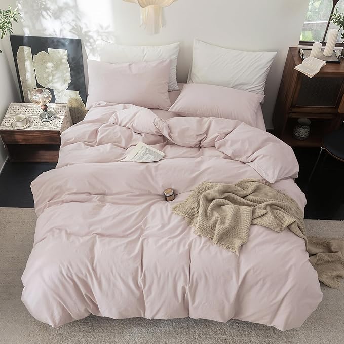 FOSSA Duvet Cover Set 100% Washed Cotton Linen Feel Super Soft Breathable Cozy 3 Pieces Bedding Sets Solid Greyish Pink Oversized King
