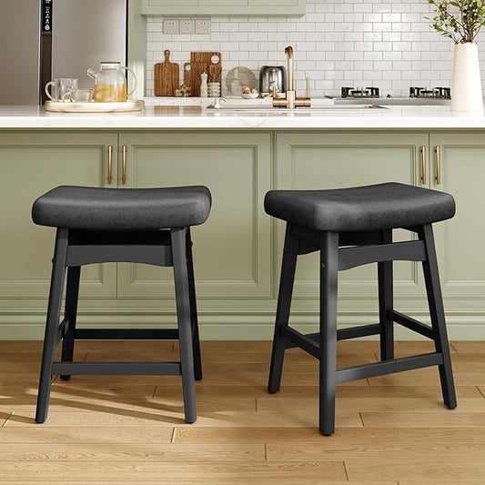 MAISON ARTS Black Counter Height Bar Stools Set of 2 for Kitchen Counter Solid Wood Legs with Faux Leather Saddle Seat Farmhouse Barstools for 34"-38" Counter Island Upholstered Stools, 24in Height