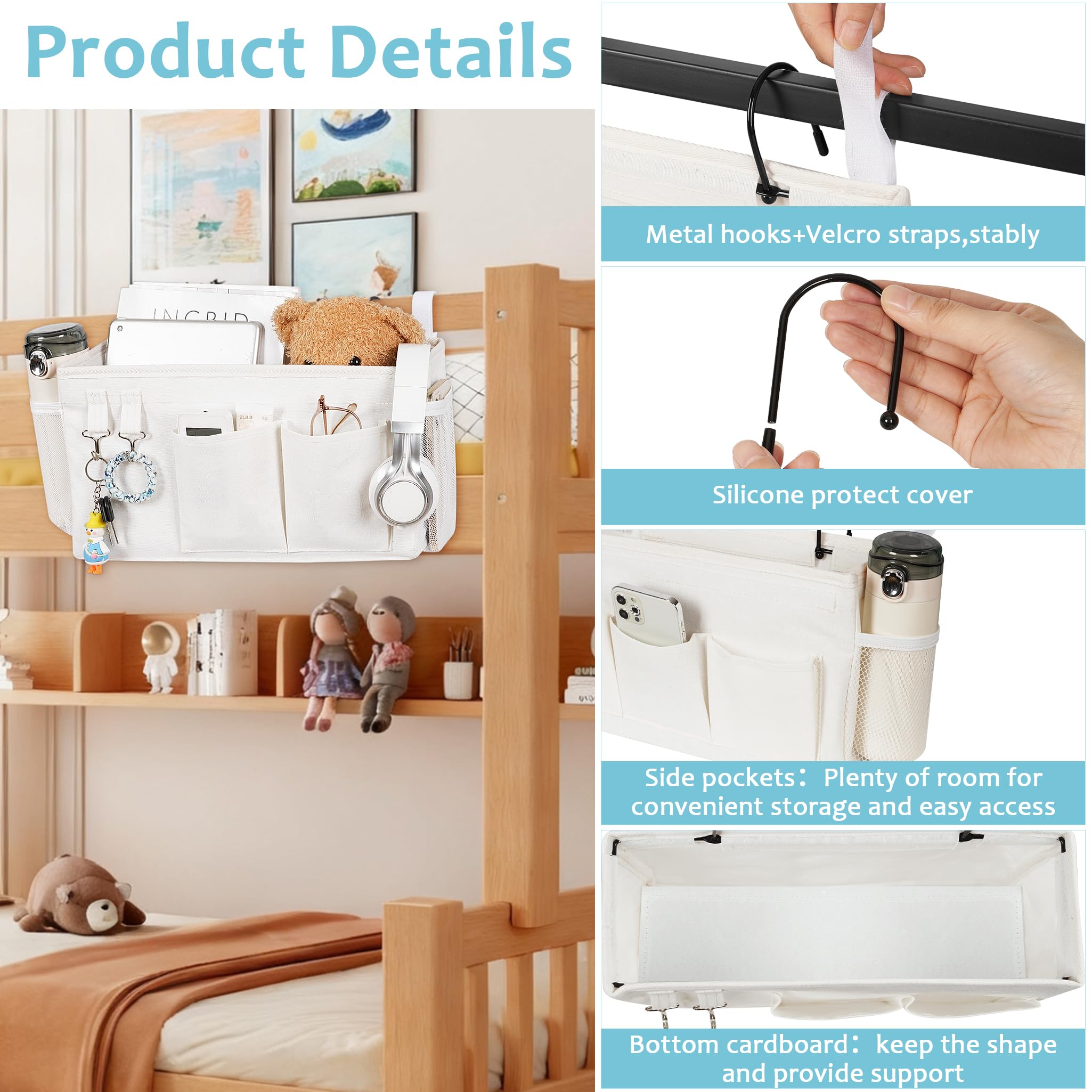 Loghot Bedside Caddy/Bedside Storage Bag Hanging Organizer for Bunk and Hospital Beds,Dorm Rooms Bed Rails,Can be Placed Glasses,Books,Mobile Phones,Keys (Light Pink) Dormly