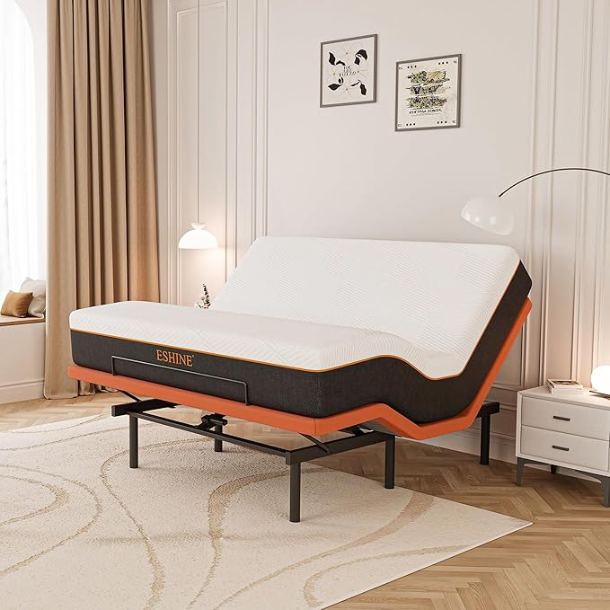 ESHINE Adjustable Bed Frame with Mattress + 12 Inch Memory Foam Mattress, Bluetooth APP Control, Wireless Remote, Zero Gravity, Anti Snore, King, Head and Foot Incline, 2000 Series