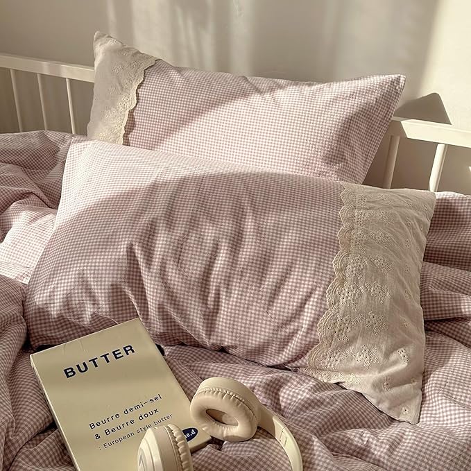 mixinni Purple White Gingham Duvet Cover Twin XL Size - 3 Piece Cottagecore Plaid Bedding Set with Lace Trim, Soft Washed Microfiber Vintage Aesthetic Grid Comforter Cover & Pillow Shams