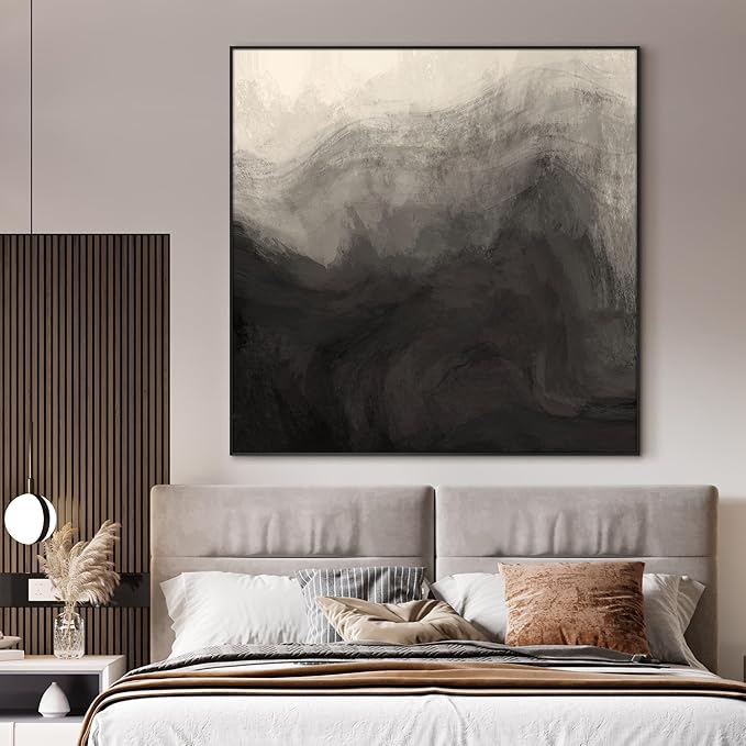 36"x36" Large Framed Wall Art - Monochrome Gray and Black Misty Mountains (Frame Assembly Required)