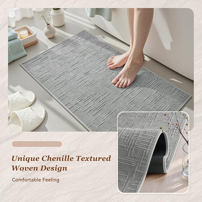 AMOAMI Bath Mat Non Slip Super Absorbent Quick Dry Bath Mats for Bathroom Floor Rubber Backing Washable Bathroom Rugs Modern Woven Jacquard Mat, Beside Tub Bath Rugs, 2' x 6', LightGrey