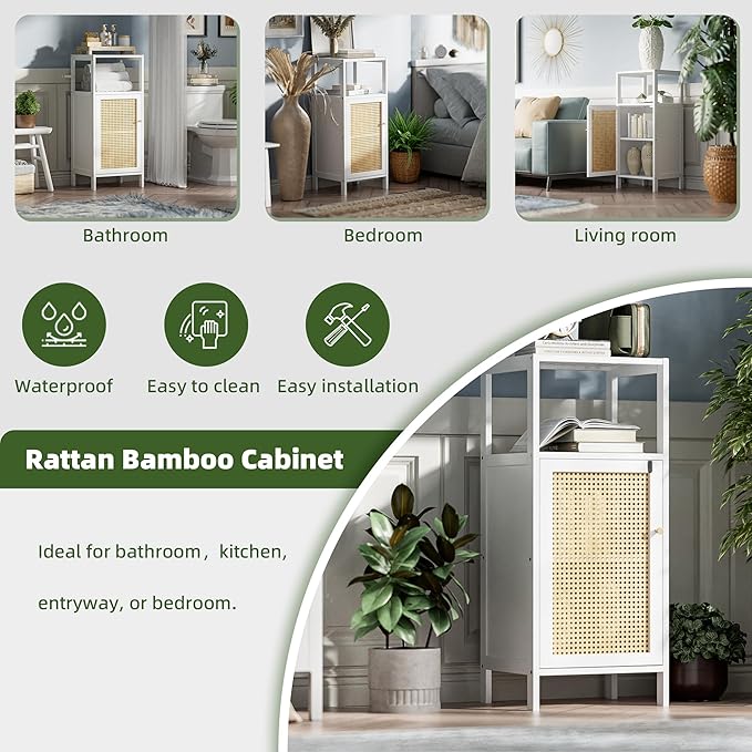 Bamboo Floor Rattan Cabinet, Narrow Bathroom Storage Organizer Rack, Space Saving Wood Kitchen Cupboard, Hallway Side Table, Living Room Stand with Single Door and 1 Shelf (White)