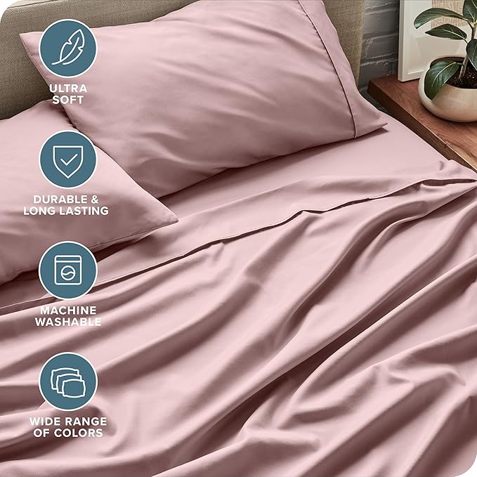 Bare Home Twin XL Sheet Set - 1800 Ultra-Soft Microfiber Twin Extra Long Bed Sheets - Double Brushed - Deep Pockets - Easy Fit - Extra Soft - 3 Piece Set - Bed Sheets & Pillowcases (Twin XL, Mauve) BareHome