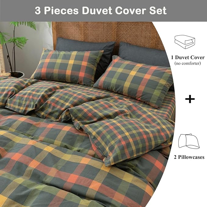 VM VOUGEMARKET Twin XL Plaid Duvet Cover Set Orange Grey Green Gingham Bedding Set Soft Washed Cotton Reversible Modern Cozy Duvet Cover with 2 Pillowcases for Teen Boys- 68x90 Inch