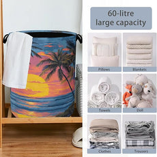 Tropical Palm Tree Laundry Basket,Sunset Beach Oxford Cloth Laundry Hamper with Handle Foldable Portable Clothes Storage Basket for Bathroom Bedroom Dorm Room 16