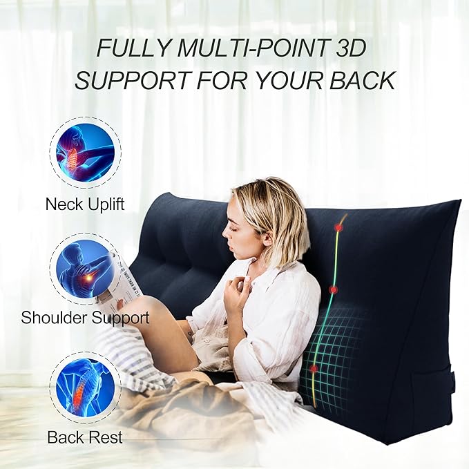 WOWMAX 85% Linen 15% Cotton Blend Headboard Pillow – California King Size Reading Wedge Backrest for Bed, Handmade Firm Support Bolster Cushion with Removable Cover, Premium Bed Rest Pillow, Blue
