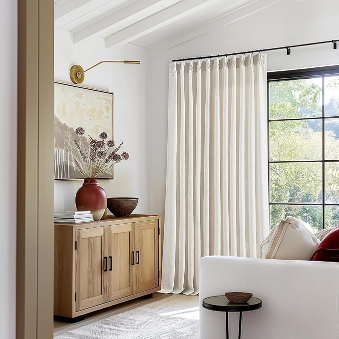 Extra Wide Pinch Pleat Linen Curtains 108 Inches Long for Living Room Sliding Glass Door 70 Inch Wide Semi Sheer Curtain Cream Ivory Boho Pleated Drape Hooks Rings 70x108 Large Window Curtain 1 Panel