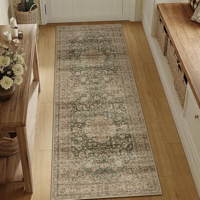 2x6 Washable Vintage Runner Rug Green Brown Hallway Kitchen Carpet Non-Slip Soft Low Pile Distressed Throw Rug for Bedroom Bathroom Laundry Living Room