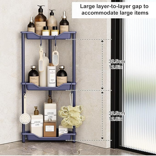 Orimade Rustproof 3 Tier Floor Standing Corner Shower Caddy Organizer, Plastic Metal Splicing Floor Corner Shelf Rack Stands for Bathroom, Bluish-Purple