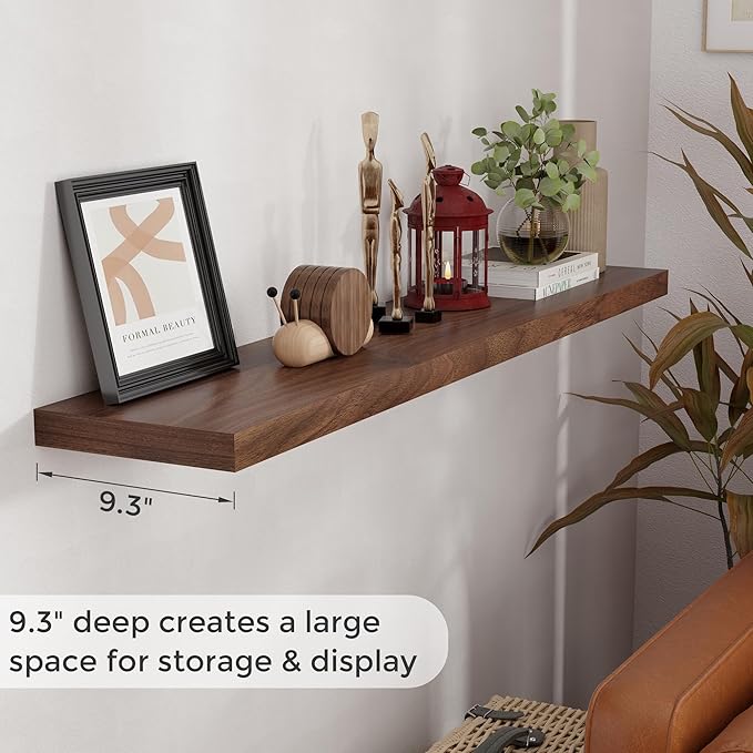 Fun Memories 55 Inch Floating Shelves for Wall, 55x9.3 Large Floating Shelf for Bedroom, Kitchen, Bathroom, Wall Mounted Rustic Wood Shelves with Invisible Bracket for Books, Decor, Walnut