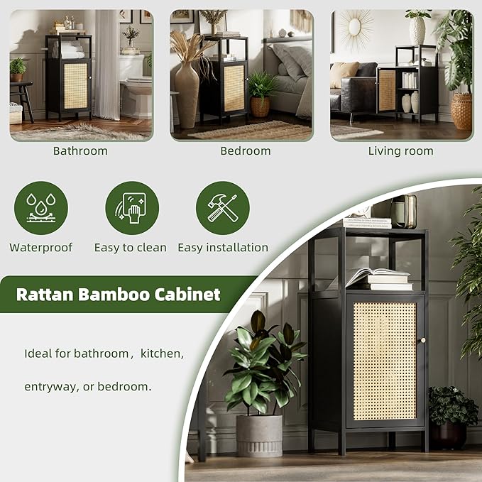 Bamboo Floor Rattan Cabinet, Small Bathroom Storage Organizer Rack with 1 Door and 1 Shelf, Space Saving Wood Kitchen Cupboard, Hallway Side Table, Living Room Freestanding Stand (Black)