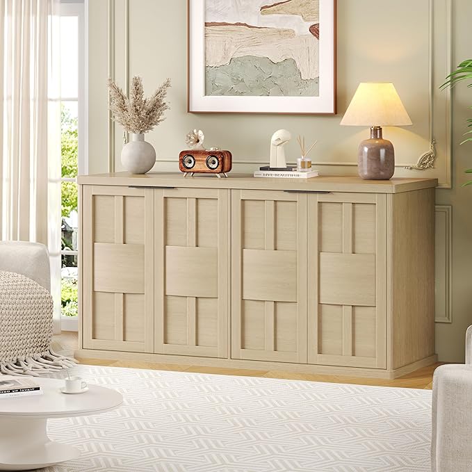 Sideboard Buffet Cabinet with Storage, 60" Modern Farmhouse Accent Cabinet with Geometric Fluted Doors & Magnetic Catch, Wood Coffee/TV Console Table Credenza for Kitchen, Living Room (Oak)