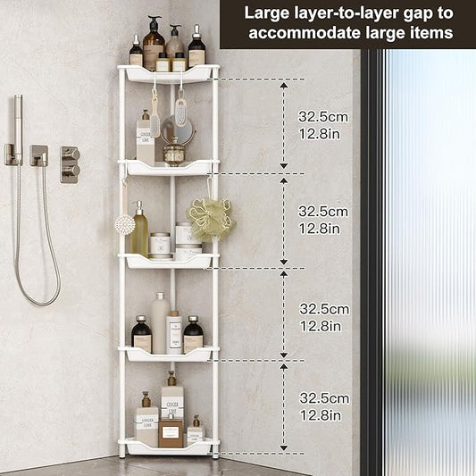 Orimade Rustproof 5 Tier Floor Standing Corner Shower Caddy Organizer, Plastic Metal Splicing Floor Corner Shelf Rack Stands for Bathroom, White