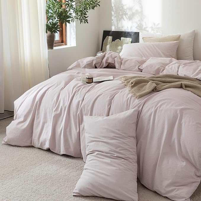 FOSSA Duvet Cover Set 100% Washed Cotton Linen Feel Super Soft Breathable Cozy 3 Pieces Bedding Sets Solid Greyish Pink King