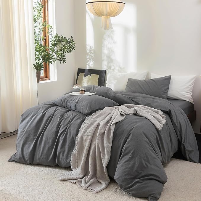 FOSSA Duvet Cover Set 100% Washed Cotton Linen Feel Super Soft Breathable Cozy 3 Pieces Bedding Sets Solid Dark Grey Super King Plus