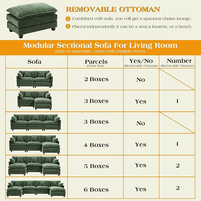 113.4" Modular Sectional Sofa,Cloud Couch for Living Room, Modern Deep Seat Sofa 3 Seater Chenille Fabric Comfy Couches with Throw Pillows for Apartment