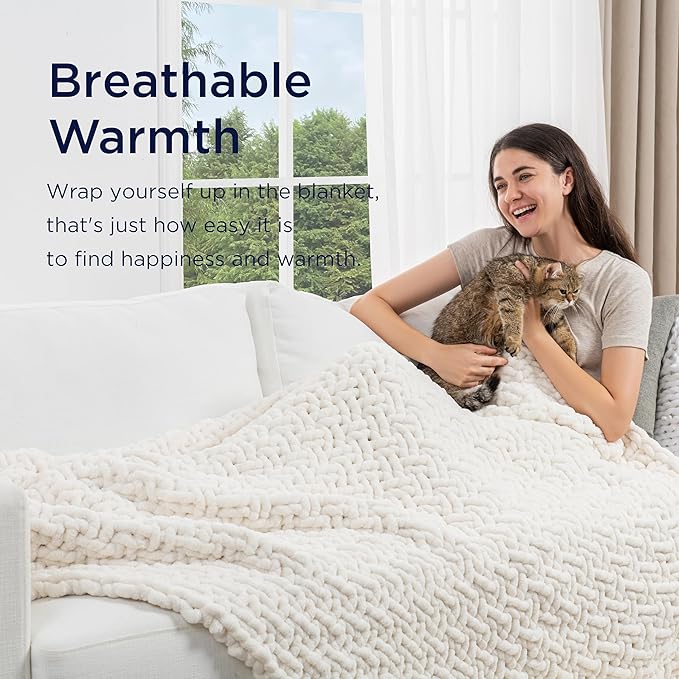 Maetoow Handmade 12 lb Soft Knitted Weighted Blanket, 48 x 72 Inch Breathable Chunky Knit Gravity Blanket Throw, Home Decor for Sofa Couch Bed, Cream