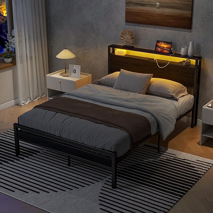 HOJINLINERO Full Size Bed Frame with Storage Headboard/LED Lights, Metal Bed Frame with Charging Station, No Box Spring Needed, Heavy Duty Metal Slats Support, Black