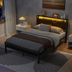 HOJINLINERO Full Size Bed Frame with Storage Headboard/LED Lights, Metal Bed Frame with Charging Station, No Box Spring Needed, Heavy Duty Metal Slats Support, Black