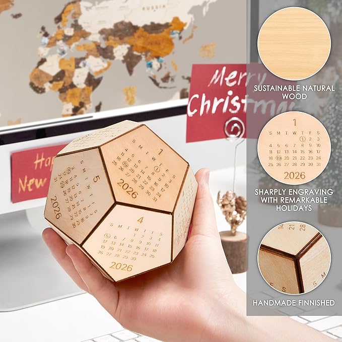 2026 Desk Calendar Wood Dodecahedron, DnD Gifts for Men, Funny Office Gifts for Coworkers, Unique Mens Desk Accessories, New Year Gift Ideas for Boss Male, Employee, White Elephant Exchange