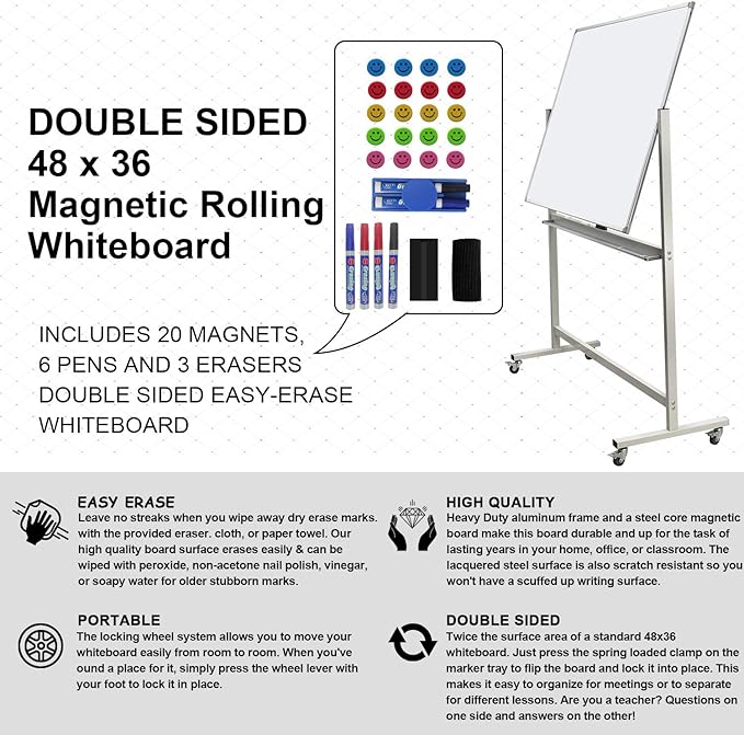 Double-Sided Mobile Whiteboard Magnet Dry Erase Board on Wheels - Aluminum Frame Magnetic Portable Stand Whiteboard- 48"x36" Rolling White Boards with Easy Flip Feature