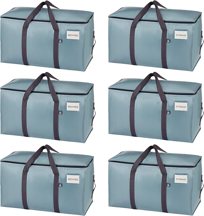 VENO 6 Pack Moving Bags, Upgraded Heavy Duty, Moving Boxes Alternative, Packing Storage Supplies for Dorm Room Essentials with Zipper for Clothes, Large Totes for Packaging (Light Blue, 6 Pack)