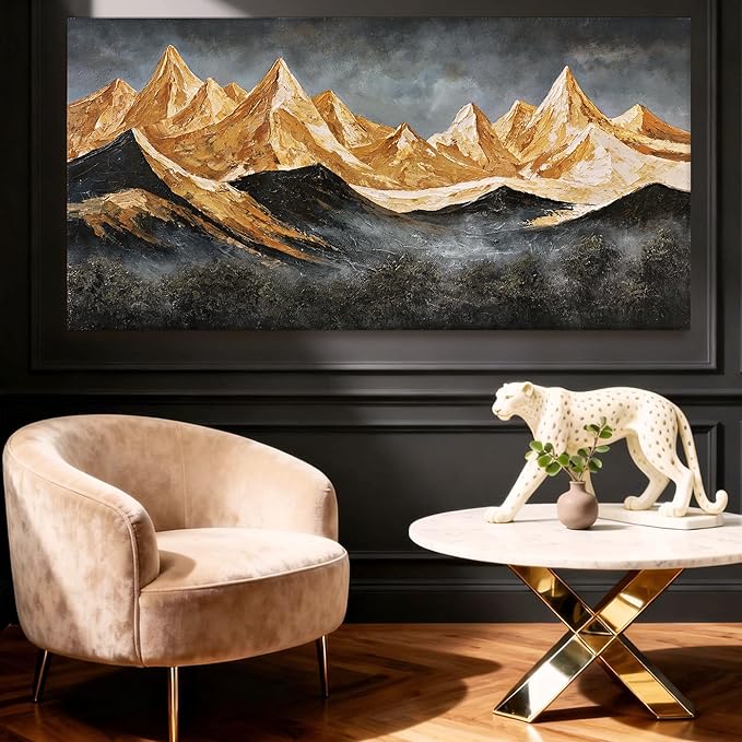 YETHEN WAL Gold Mountain Landscape Wall Art, Textured Mountain Canvas Print in Grey & Gold, Modern Horizontal Artwork, Gallery Wrapped, 20×40 in