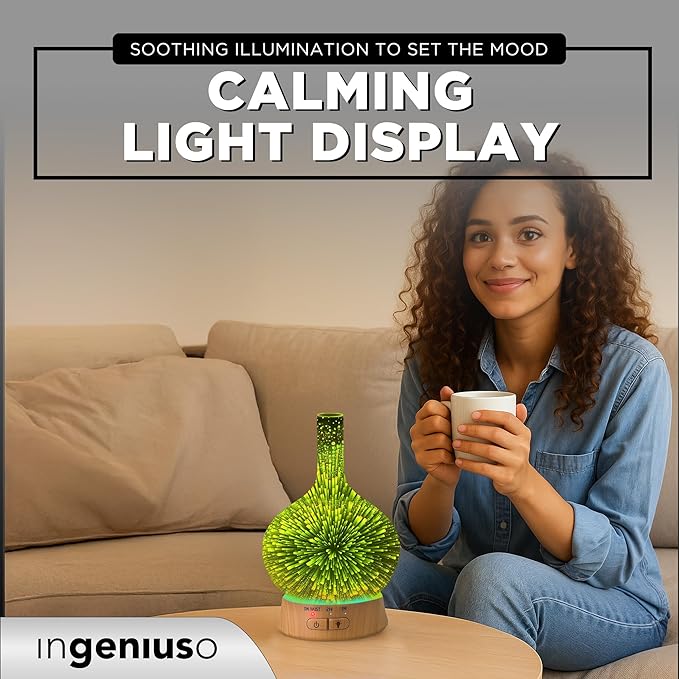 Aromatherapy Essential Oil Diffuser for Therapeutic Oils | 3D Glass Vase Cover with Colorful LED Light Display | Cool Mist Aroma Therapy Diffusers | Versatile Nightlight, Humidifier with Auto Shut-off