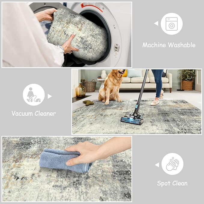 Lahome Modern Abstract Area Rug - 4x6 Grey Rugs for Bedroom Washable Dining Room Rug Living Room Mat, Non Slip Contemporary Indoor Floor Nursery Carpet for Kitchen Laundry Room Entryway