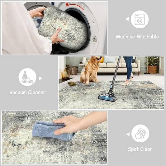 Lahome Modern Abstract Area Rug - 4x6 Grey Rugs for Bedroom Washable Dining Room Rug Living Room Mat, Non Slip Contemporary Indoor Floor Nursery Carpet for Kitchen Laundry Room Entryway