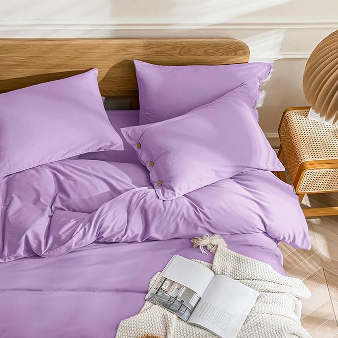JELLYMONI Cotton Duvet Cover King Size - Light Purple Comforter Cover with Button 100% Washed Cotton 3PCS Breathable Soft Solid Bedding Set Duvet Cover 104×90in & 2 Pillowcases (NO Comforter)