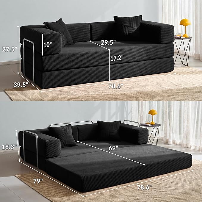 YINIX Foldable Sofa Bed, 78'' Folding Floor Couch, Compressed Convertable Sleeper Sofa, Memory Foam Couch with Pillow Back Support Armrest, 4-in-1 Futon Sofa Bed for Living Room, Black