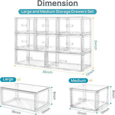 Vtopmart 8 Pack Large & Medium Stackable Drawer Organizer Set, 162QT Easy Assembly Clear Plastic Storage Cabinet, Durable Dresser for Closet, Bedroom, Entryway, Playroom & Apartment Organization