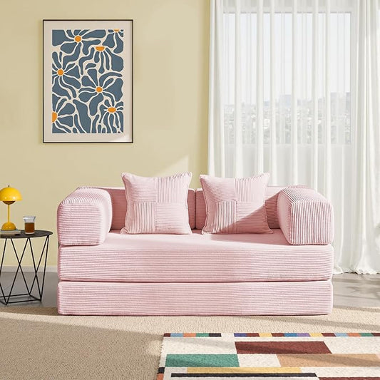 YINIX Foldable Sofa Bed, 62'' Folding Floor Couch, Compressed Convertable Sleeper Sofa, Memory Foam Couch with Pillow Back Support Armrest, 4-in-1 Futon Sofa Bed for Living Room, Pink