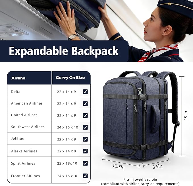 Travel Backpack,Expandable 40-50L Carry On Laptop Backpack with USB Cable Port Fits 17.3 Inch Laptop, Water Resistant Outdoor Travel Daypack for Men Women College Trips Weekend Adventures, Blue