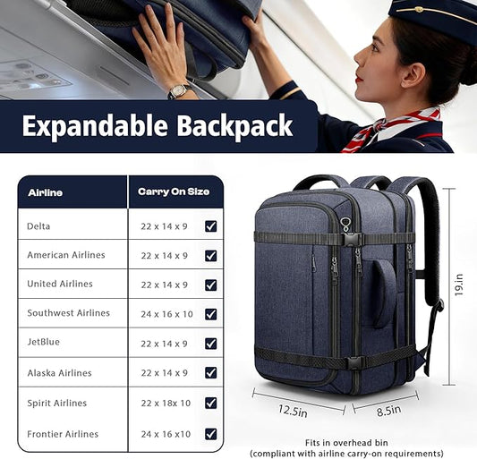 Travel Backpack,Expandable 40-50L Carry On Laptop Backpack with USB Cable Port Fits 17.3 Inch Laptop, Water Resistant Outdoor Travel Daypack for Men Women College Trips Weekend Adventures, Blue