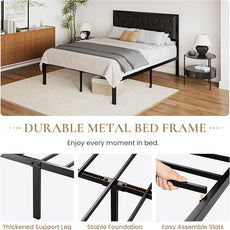 SHA CERLIN Full Size Metal Platform Bed Frame, PU Leather Upholstered Button Tufted Headboard, Mattress Foundation with 12.4” Under-Bed Storage, Noise-Free, Easy Assembly, No Box Spring Needed, Black