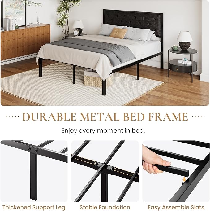 SHA CERLIN Full Size Metal Platform Bed Frame, PU Leather Upholstered Button Tufted Headboard, Mattress Foundation with 12.4” Under-Bed Storage, Noise-Free, Easy Assembly, No Box Spring Needed, Black