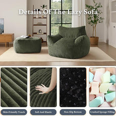 Oversized Bean Bag Chaise Lounge Chair Indoor for Adults with Armrests & Ottoman - Giant Comfy Green Beanbag Lazy Floor Sofa Cloud Accent Chair for Reading, Gaming, Cozy Plush Cloud Mini Couch