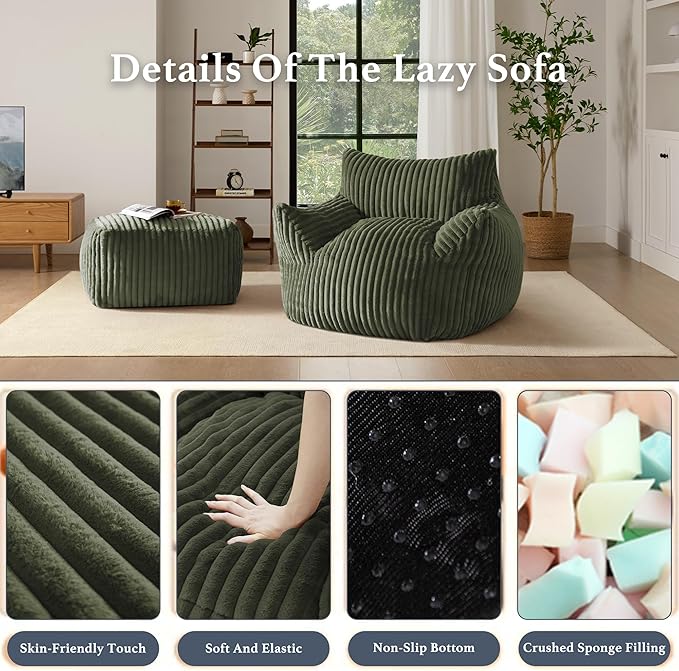 Oversized Bean Bag Chaise Lounge Chair Indoor for Adults with Armrests & Ottoman - Giant Comfy Green Beanbag Lazy Floor Sofa Cloud Accent Chair for Reading, Gaming, Cozy Plush Cloud Mini Couch