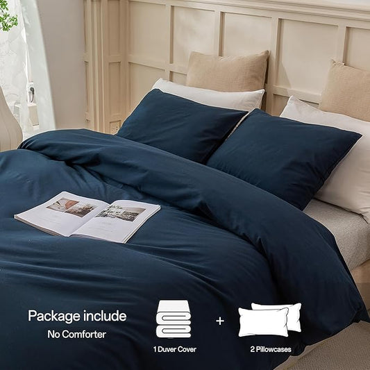 ECOCOTT Navy Blue Duvet Cover Queen Size, 100% Washed Cotton 3 Piece Bedding Set 1 Duvet Cover with Zipper and 2 Pillowcases, Ultra Soft and Easy Care Breathable Duvet Cover(Navy Blue, Queen)