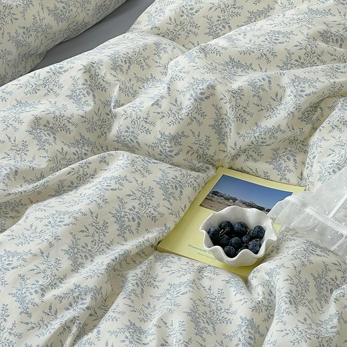 mixinni Blue Floral Duvet Cover Twin XL Size - 100% Cotton Soft Boho Comforter Cover with Zipper Closure 4 Ties, 3-Piece Vintage Aesthetic Botanical Bedding Set with 2 Pillowcases, All Season Bed Set
