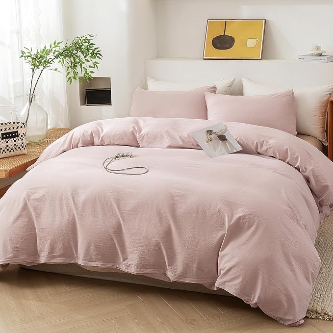 ECOCOTT Duvet Cover Set, 100% Washed Cotton Linen-Like Soft & Breathable, Durable Comfy Bedding Set for All Seasons Full Size (Greyish Pink)