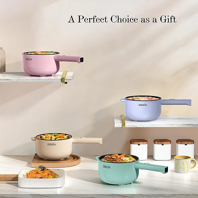 Dezin Electric Cooker, 2L Non-Stick Sauté Pan, Rapid Noodles Cooker, Mini Pot for Steak, Egg, Fried Rice, Ramen, Oatmeal, Soup with Power Adjustment, College Dorm Room Essential