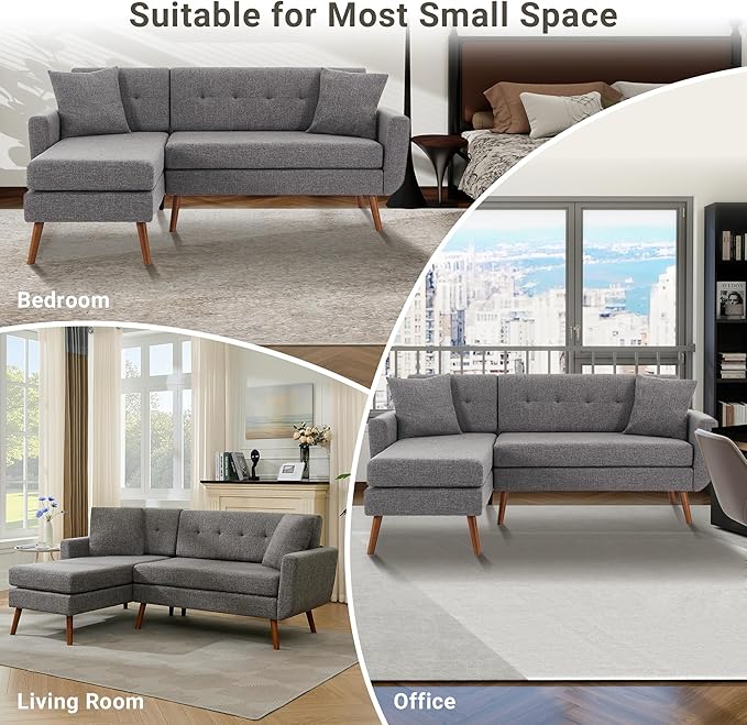 Tbfit L Shaped Couch Sofa, 80" W Mid-Century Modern Sectional Couches, 3 Seater Sofas with Wide Chaise Lounge, Button Tufted Upholstered Sectional Sofa for Living Room, Bedroom, Gray