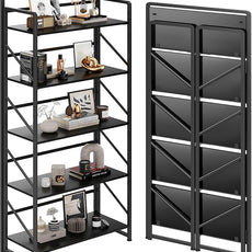 JSB No Assembly Folding Bookshelf, 5 Tier Industrial Metal Book Shelf for Storage, Vintage Wood Foldable Bookcase for Living Room, Bedroom, Office Organization Shelves